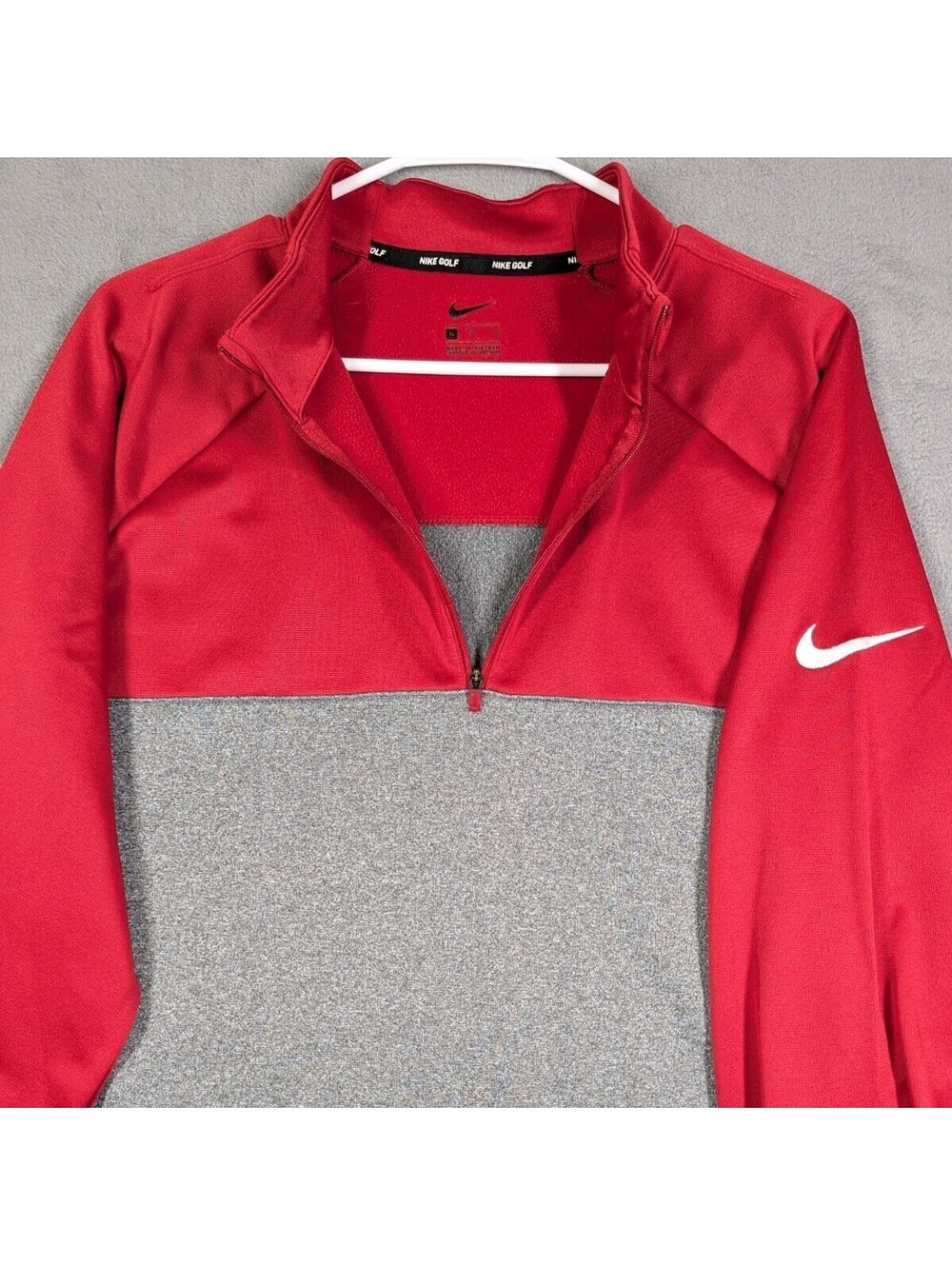 Nike Golf Mens XL Red Gray Quarter Zip Pullover Dri Fit Performance Long Sleeve